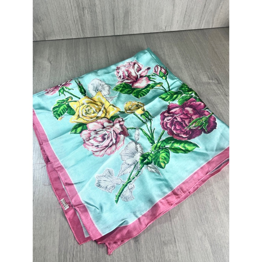 Vintage Brico Rayon Square Scarf Aqua Blue Pink Yellow Floral Rose Print 31x34